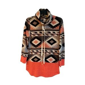 FILLY FLAIR, NWT, AZTEC, FLEECE PULLOVER. TURTLENECK WITH DRAWSTRING TIE. SIZE M